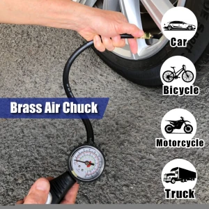 Portable Dial Tire Inflator With Pointer Pressure Gauge Car Truck Inflatable Hose Pump