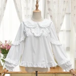 Pure 100% Cotton Pullover Loose Puff Sleeves Wave Stringy Selvedge White Cute Doll Colar Lolita Inner Shirt  Blouse