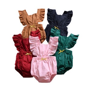 RTS Pure Color Cotton Cute Ruffle Newborn Bow Decoration Newborn Baby suit Baby Rompers