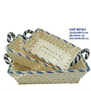 S/3 Palm leaf serving trays with handles/ wicker bread basket, storage basket