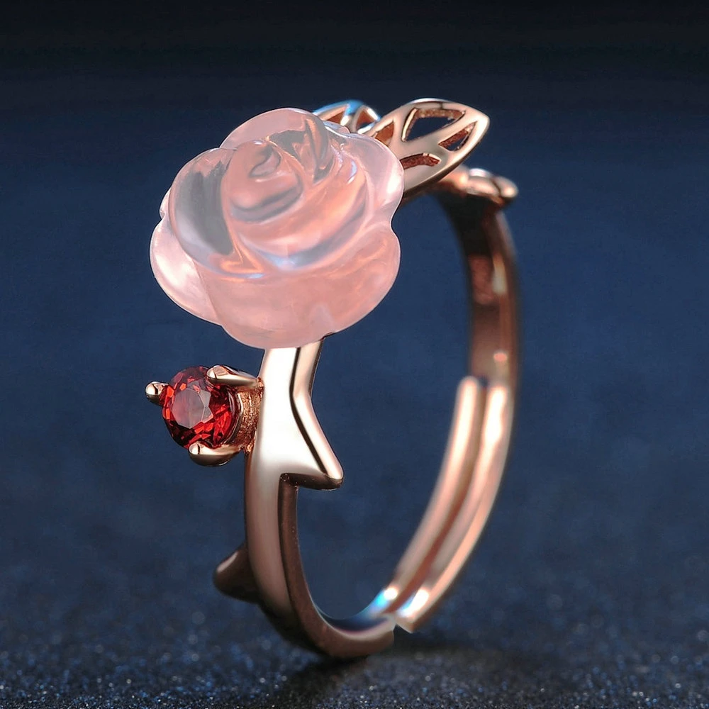 S925 silver ring natural pink crystal hibiscus stone ring rose flower open female ring gemstone