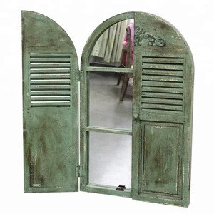 Shabby Chic Vintage Rustic Green Handmade Decorative Wooden Window Shutter Wall Mirror