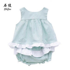 Shijun 2019 Spain Summer Green Ruffle 2 pcs Baby Boutique Clothing Wholesale Girls Clothes Set