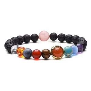 Solar System Bracelet Universe Galaxy The Nine Planets Natural Lava Rock Beads Essential Oil Diffuser Bracelet, Anxiety Relief
