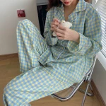Spring and Autumn Pajamas Womens Long-Sleeved Trousers Loose Plus-sized Korean-Style Cartoon Cardigan Lapel Leisure Tops Pajama