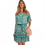 Spring Summer Bohemian Lady Dresses Short Sleeve Off Shoulder Women Casual Dresses