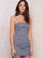 straight neck  slip plaid dress for summer