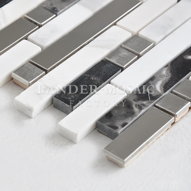 strip marble and metal mosaic tile white and black color