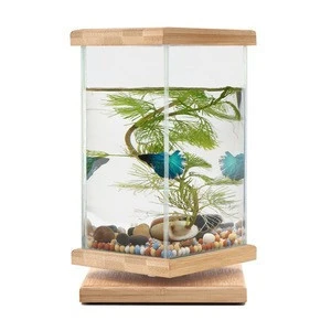 Unique Revolving Desktop 360 Degree Fish Tank with Glass Square Jar - Small Betta Fish Tank Aquarium for Home Office Decoration