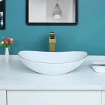 White Ceramic Bathroom Sink Bowl Above Counter Porcelain Vessel Sink with Golden Trim Accent Gold Faucet and Pop up drain Combo