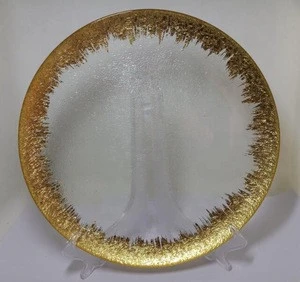 wholesale custom premium gold rim crystal round glass charger plates beaded