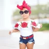 Wholesale Girls Boutique One-shoulder white top+jean short set Children Girl print Rose fashion outfit