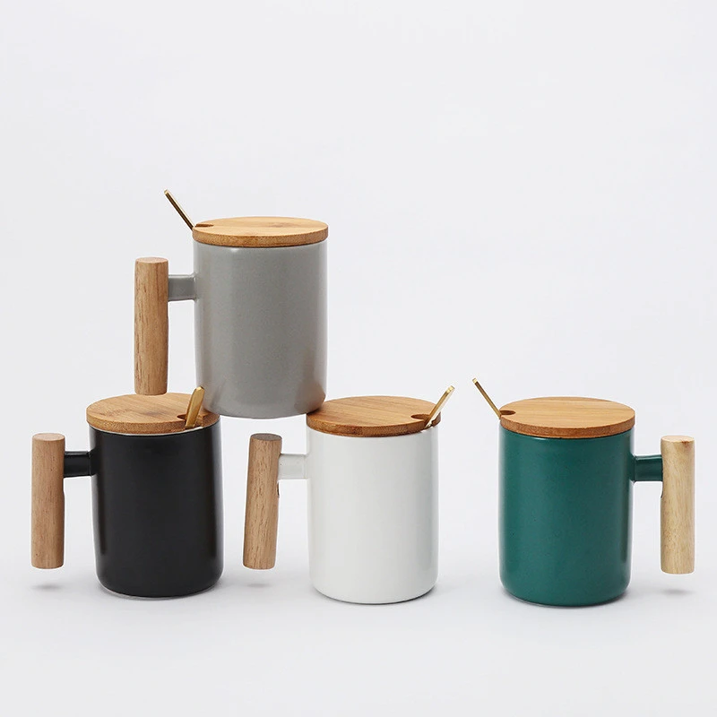 Wholesale Price Simple Nordic Style Modern Milk Drinkware,Macaron Color Matte Wooden Handles Ceramic Coffee Mug/