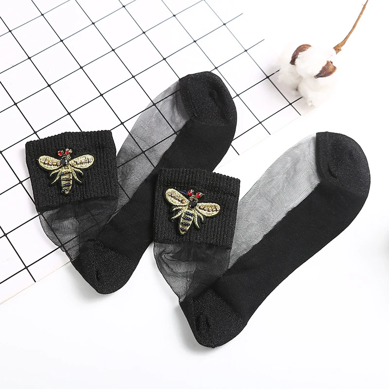Wholesale Summer Sweet Fashion Bee Crystal Bright Silk Women Ankle Socks