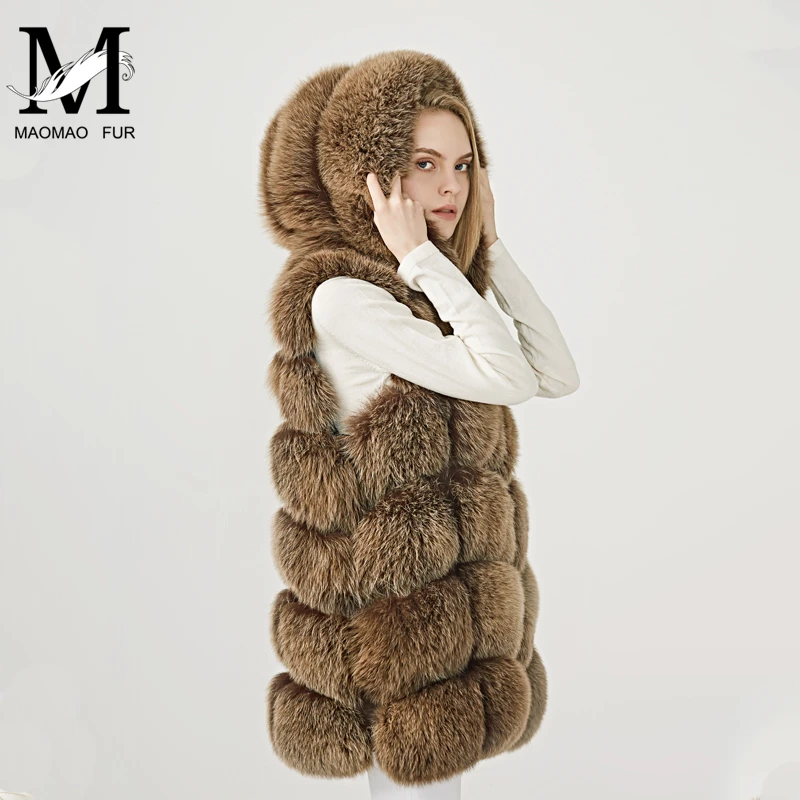 Winter Hot Selling Fur Hood Vest Thick Warm Real Fox Fur Vest Oversize Gilet Women Girls Ladies Sleeveless Fur Vest