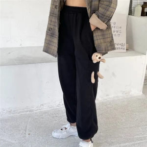 Womens sweatpants design sense pocket bear meatpants popular logo foot straps show thin casual INS wide leg pants