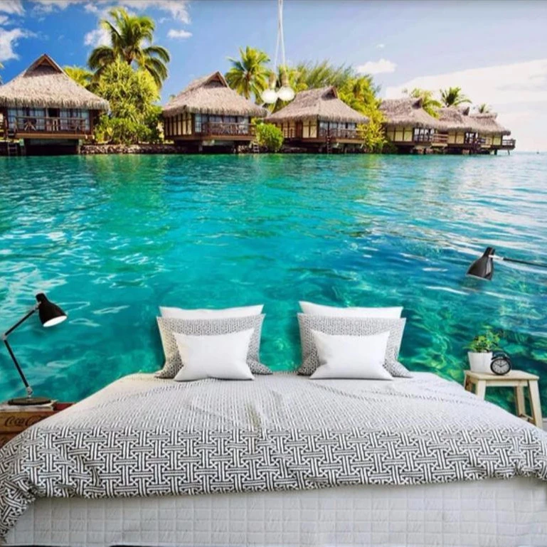 ZHIHAI Maldives Islands ocean water waves print tv background sitting room wall decorative modern 8d 3d wallpaper fabric