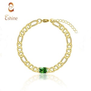 Women's Sterling Silver Simple Figaro Link & Emerald Chain Bracelet