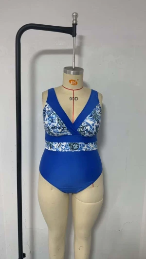 Plus size color block one piece swimsuit