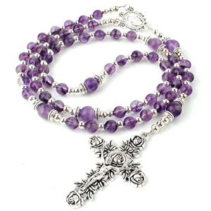 Fashion Jewelry Natural Amethyst Gemstone Beads Our Lady of Grace Catholic Prayer Rosary with Rose Crucifix