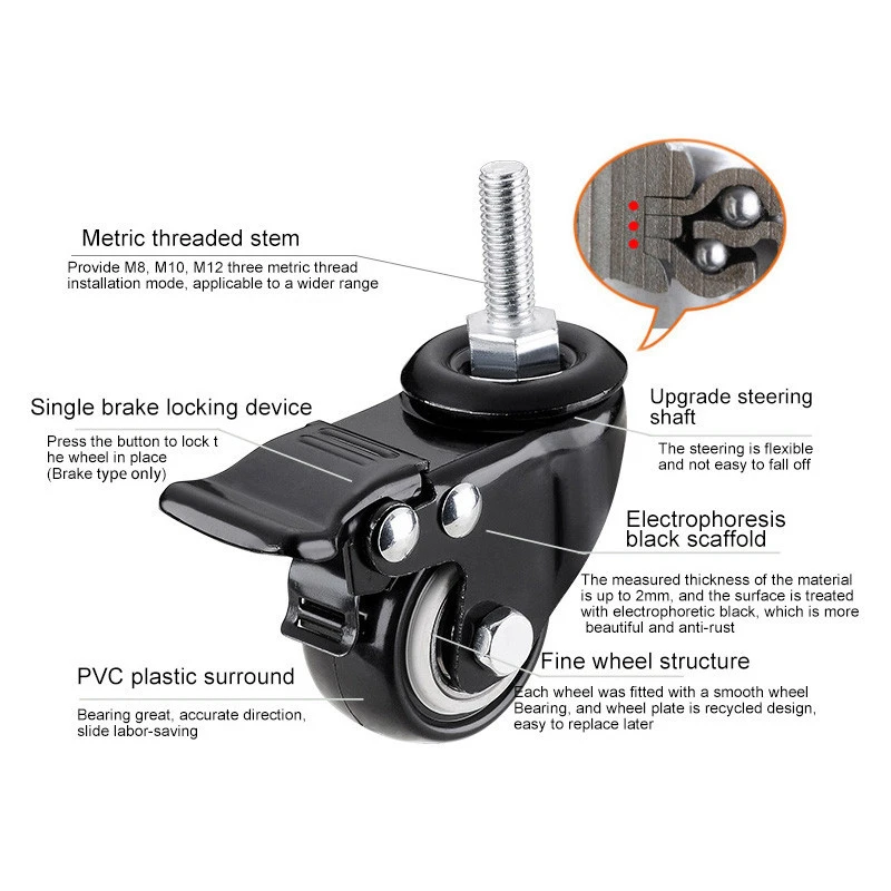 1.5 Inch M10*15 Metric Threaded Stem PVC Caster With Brake And Double Ball Bearings Black Swivel Casters For Furnitures