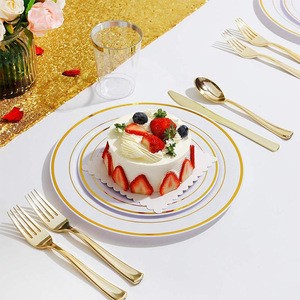 150pcs Wedding Gold Rim Design Disposable Plastic Dinnerware sets