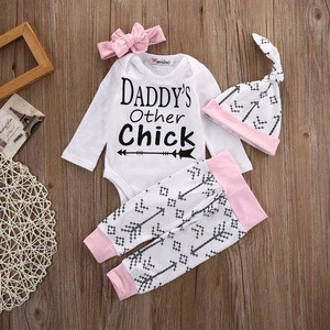 2017 Baby Girl Christmas Cotton 4pcs Infant Toddlers Long Sleeve Letter Romper+ Arrow Pants+Hat+Headband Clothes Suits