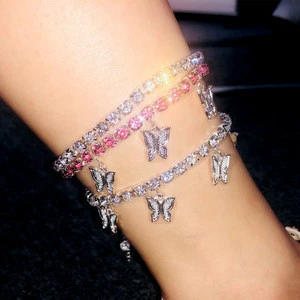 2020 hot sale stainless steel diamond butterfly anklet charm body choker jewelry rose gold plated ankle bracelet