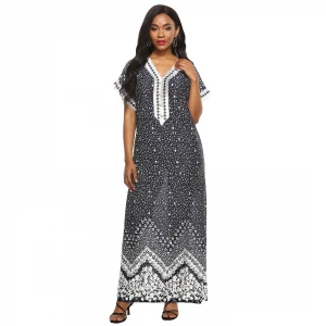 2020 New Arrival Woman Summer Ethnic Style Print Lace V High Short Sleeve Loose Casual Dress Clothing
