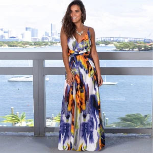2020 spring and summer new womens fashion V-neck sling printed beach dress