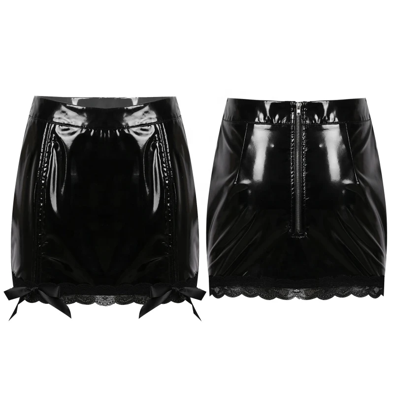 2021 Lace Trim Patent Leather Miniskirt Clubwear Gothic Party Stage Costume Bowknot Pencil Leather Skirt