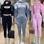 2022 fashion 3 pieces lounge wear sets  solid cotton sweat pant set tracksuit fleece crop top two piece pants set for women