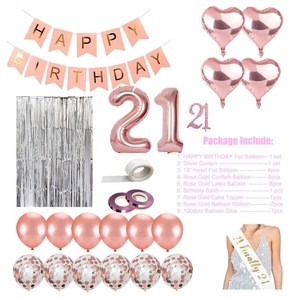 21st Birthday Decorations Rose Gold Birthday Party Supplies with HAPPPY Birthday Banner Cake Topper Sliver Curtain