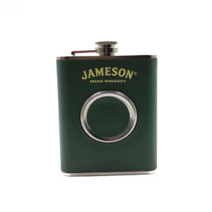 8 oz leather stainless steel hip flask with shot glass