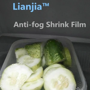 Anti-fog clear shrink wrap film to promote retail appeal of shop fresh vegetable and fruit