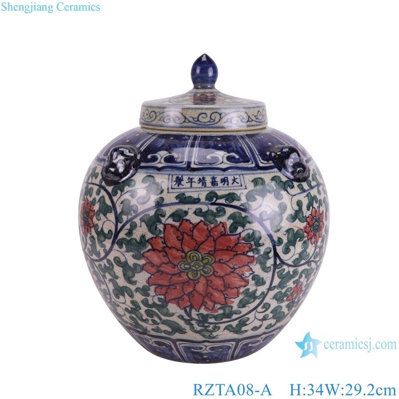 Antique Red Lotus Flower Split Crack Pattern Belly Shape Ceramic Flower Pot Lidded Jars