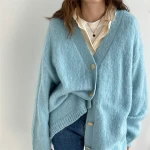 Autumn Winter Wool Cashmere  Soft Plain Deep V Neck Cardigan Sweater Women