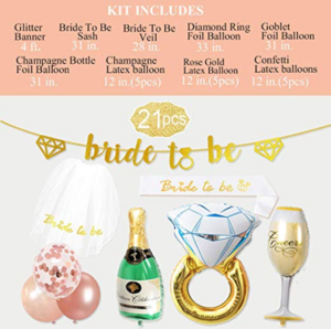 Bachelorette Party Decoration Rose Gold Bridal Shower Decoration kit Bride To Be Banner Veil Sash Diamond Ring Champagne Balloon