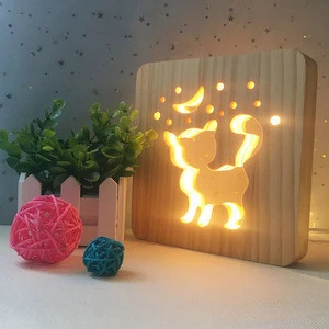 Best Selling Factory Direct Sale Novelty Creative Cat Table Lamp Solid Wood Craft Hollow Carved  3D LED Night  Lights