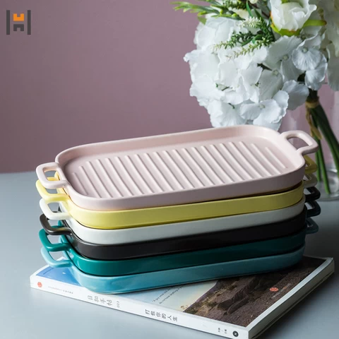 Best selling microwave safe  durable bakeware rectangle matte ceramic baking pan with handles