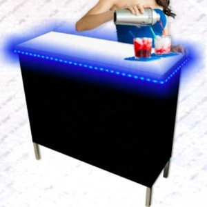 Blue LED light Portable High Top Party Bar Table with Shelf - (15L x 39W x 36H) - Includes Front Skirts and Carrying Case