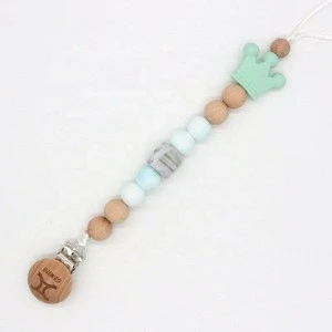 BPA Free Silicone Beads Handmade Natural Wood Dummy Chain Teething Toy Dummy Clips Pacifier Clip