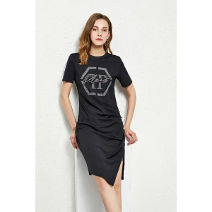 Brand customization 2021 Hot Selling summer Casual Ladies Letter Hot drilling Round Neck Short Sleeve Side Slit T-shirt Dress