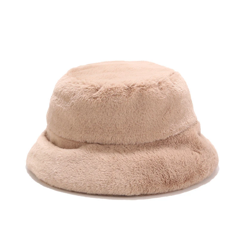 Bucket Hat For Women Girl Fashion Solid Thickened Soft Warm Fishing Cap Outdoor Lady Plush Fluffy Flat Hat