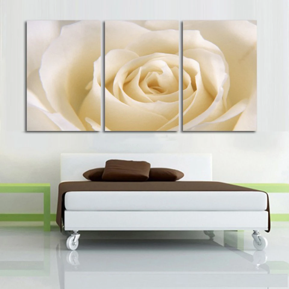 Canvas HD Prints Modern Living Room Pictures 3 Panel White Rose Painting Wall Art Poster