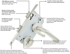 CE EN 12209 6072ZL Stainless steel latch lock body mortise passage lock with Euro profile cylinder