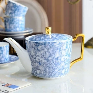 Ceramic blue marble tea cup set porcelain 15pcs coffee teapot set