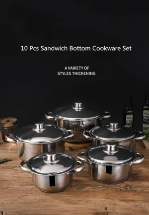 China 10pcs Sandwich Bottom Royal Prestige Non Stick Stainless Steel Happy Baron Cookware Hot Pot Set cookware sets Induction