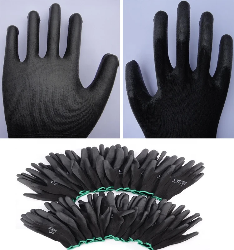 Construction Industry Assembly Black Polyurethane Grip Palm Fit Coated Work Safety Hand Nylon Knit PU Gloves