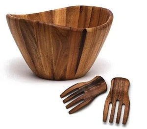 Custom cheap wholesale collapsible rustic large natural acacia wooden fruit vegetable salad mixing serving bowl set with hands
